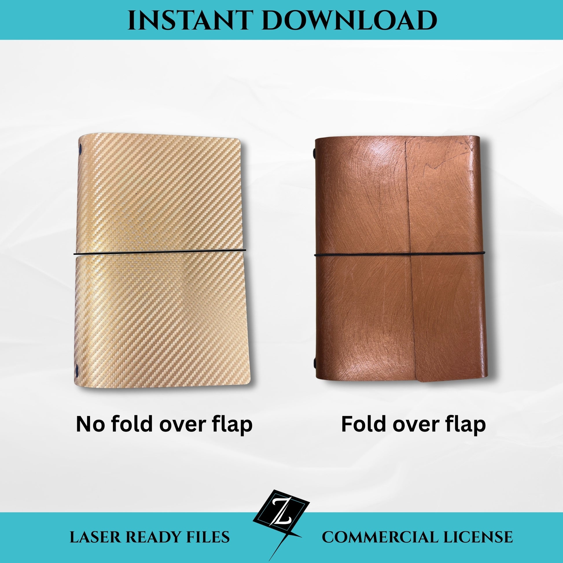 Laser cut file for leather or leatherette journal covers showing two options: gold cover without fold-over flap and copper leatherette cover with fold-over flap, elastic band closure, instant download design.