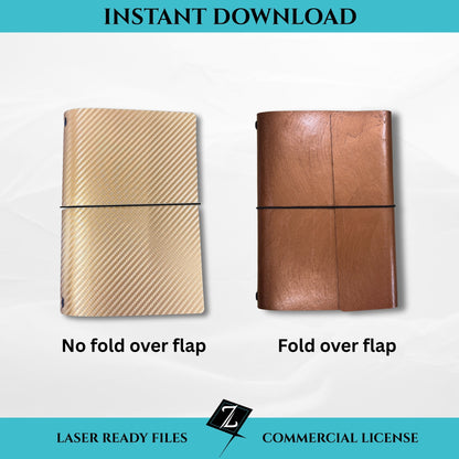 Laser cut file for leather or leatherette journal covers showing two options: gold cover without fold-over flap and copper leatherette cover with fold-over flap, elastic band closure, instant download design.
