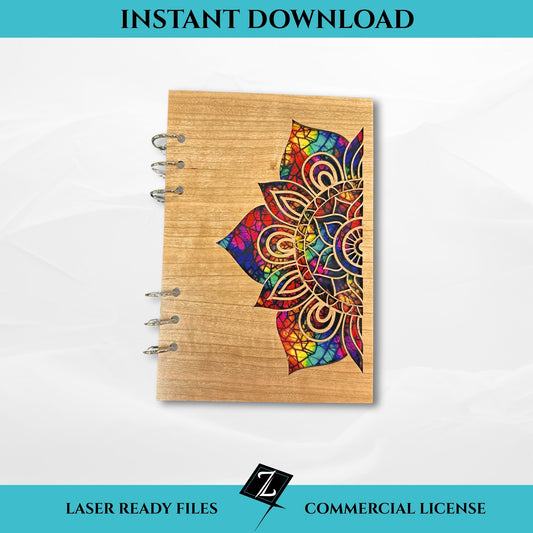 Wooden journal cover with half mandala design cut out and colorful stained glass backing, laser cut file for instant download with binding ring holes.
