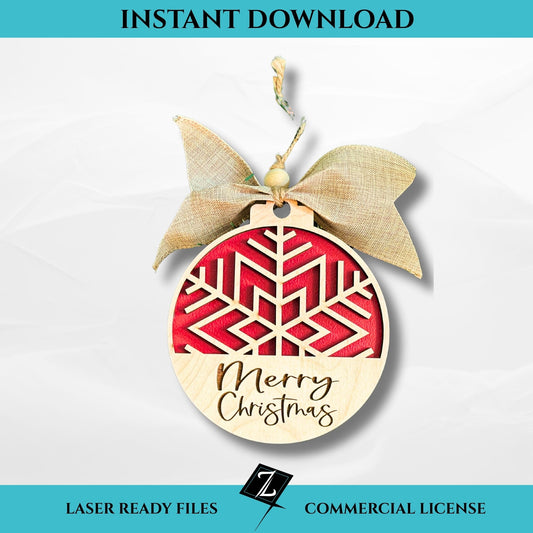 Layered laser-cut wooden Christmas ornament with geometric snowflake design and “Merry Christmas” engraved on the bottom layer, accented with a burlap bow and red backing.