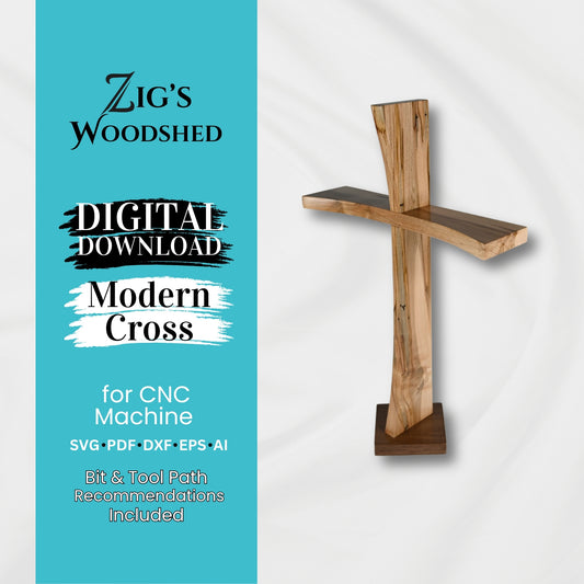 Modern wooden cross standing upright on a square base with a curved horizontal beam, displayed next to a digital download banner from Zig’s Woodshed offering CNC file formats (SVG, PDF, DXF, EPS, AI) and tool path recommendations.
