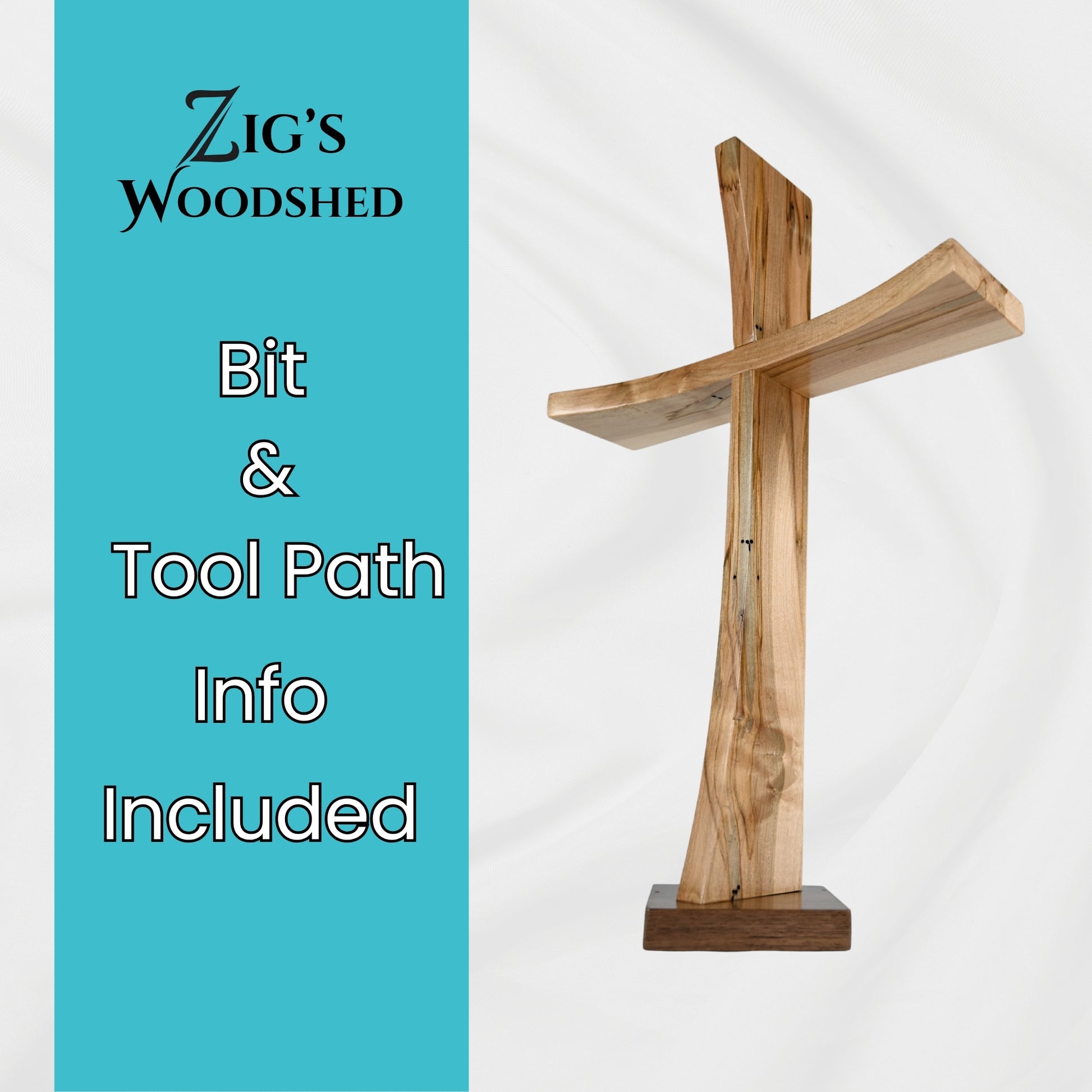 Modern wooden cross standing upright on a square base with a curved horizontal beam, displayed next to a digital download banner from Zig’s Woodshed offering CNC file formats (SVG, PDF, DXF, EPS, AI) and tool path recommendations.
