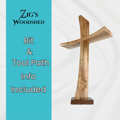 Modern wooden cross standing upright on a square base with a curved horizontal beam, displayed next to a digital download banner from Zig’s Woodshed offering CNC file formats (SVG, PDF, DXF, EPS, AI) and tool path recommendations.