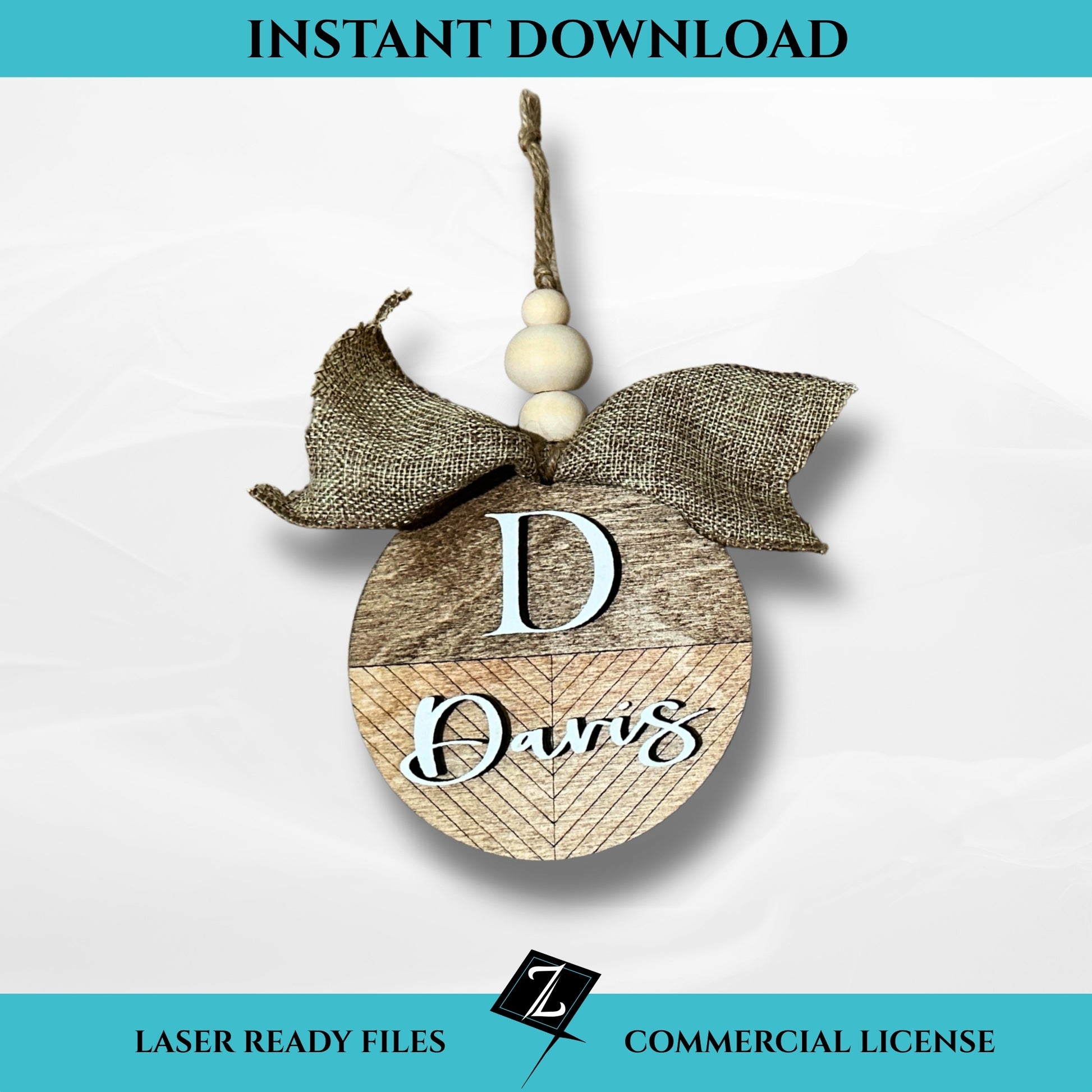 Layered wooden ornament featuring a chevron pattern with monogram “D” and the name “Davis” in white, accented with a burlap bow and wooden beads, designed for laser cutting.