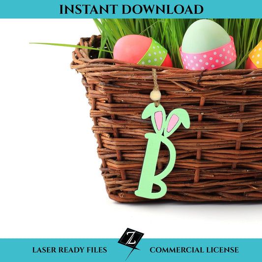 Wicker basket with Easter eggs and a decorative letter 'B' Easter Basket tag on a white background