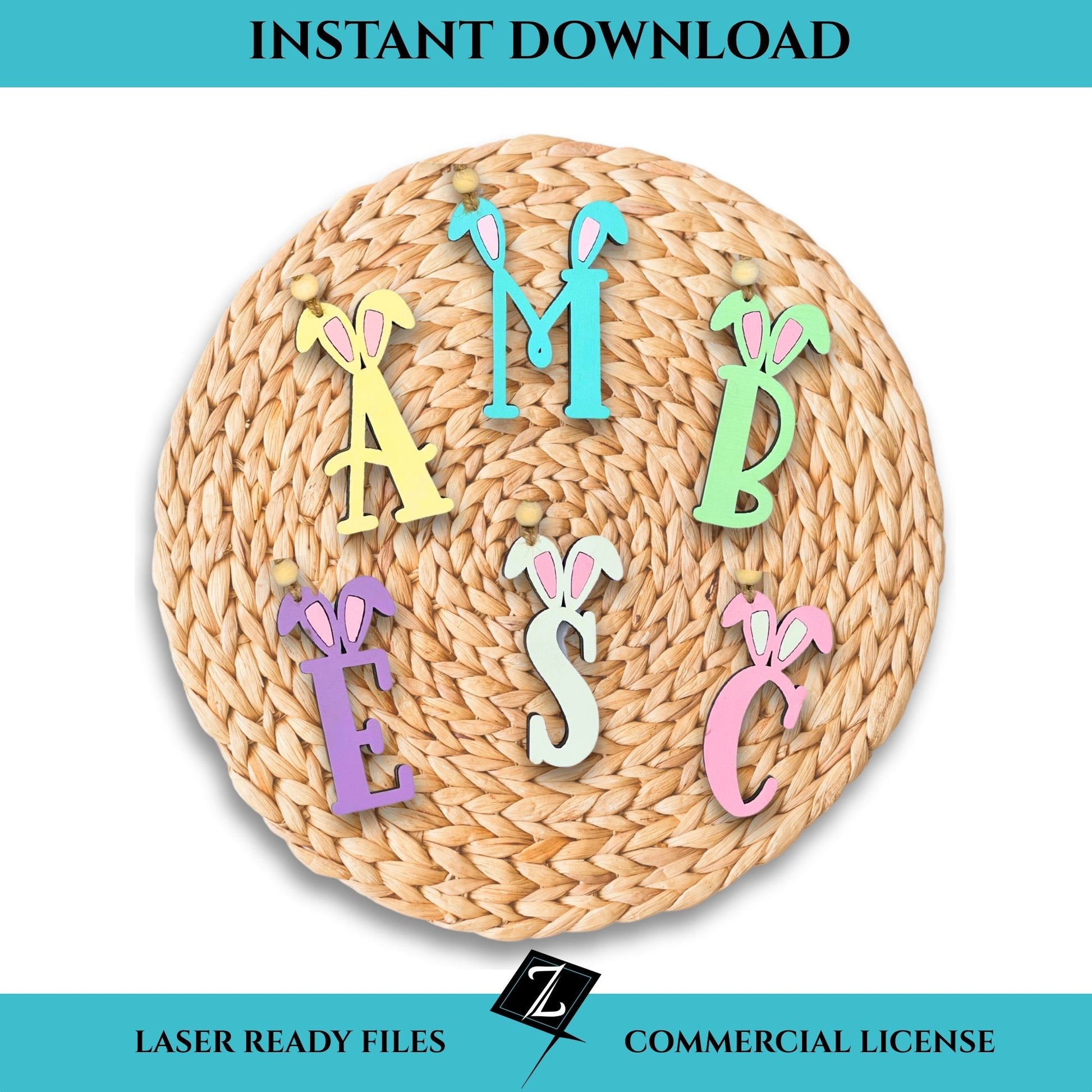 Colorful letter-shaped Easter basket tags on a woven mat suitable for laser cutting.
