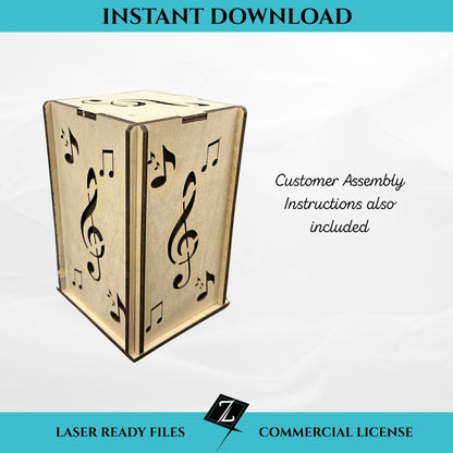 Music lantern SVG file for laser cutting, instant download. Wooden flat-pack lantern with treble clef and musical note cutout panels. Includes customer assembly instructions and commercial license.