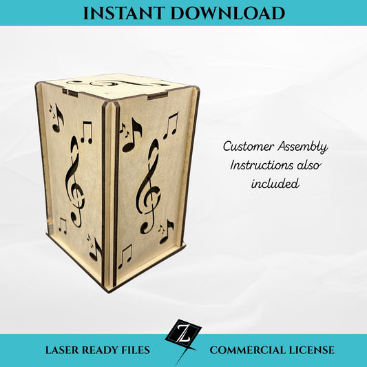 Music lantern SVG file for laser cutting, instant download. Wooden flat-pack lantern with treble clef and musical note cutout panels. Includes customer assembly instructions and commercial license.