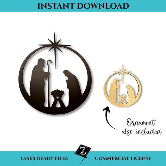 Laser-cut Nativity silhouette with Mary, Joseph, and baby Jesus under the Star of Bethlehem, shown in wall décor size with matching ornament version.