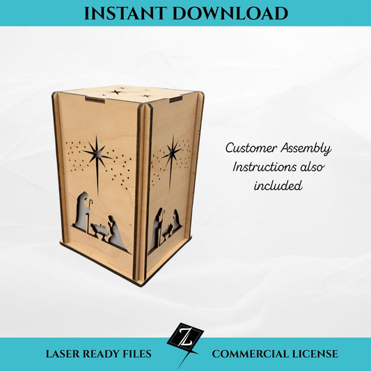 Laser-cut wooden nativity lantern with four side panels showing Mary, Joseph, baby Jesus, and the guiding star. The lantern is made from light birch plywood with tab-and-slot construction, displayed on a clean white backdrop.