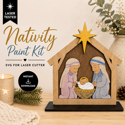 Nativity paint kit SVG for laser cutters featuring Mary, Joseph, and baby Jesus in a wooden stable beneath a gold star. Instant digital download.