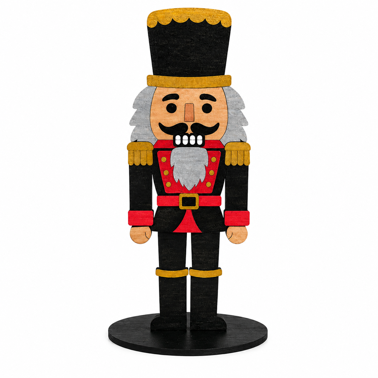 A stylized wooden nutcracker figurine standing on a round black base, with a black hat trimmed in gold, a red coat with gold buttons, gray hair and beard, and black pants, photographed on a plain white background.