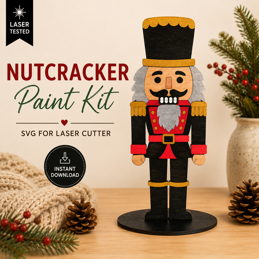 Nutcracker paint kit SVG for laser cutters featuring a traditional Christmas nutcracker design on a tabletop base. Instant digital download.