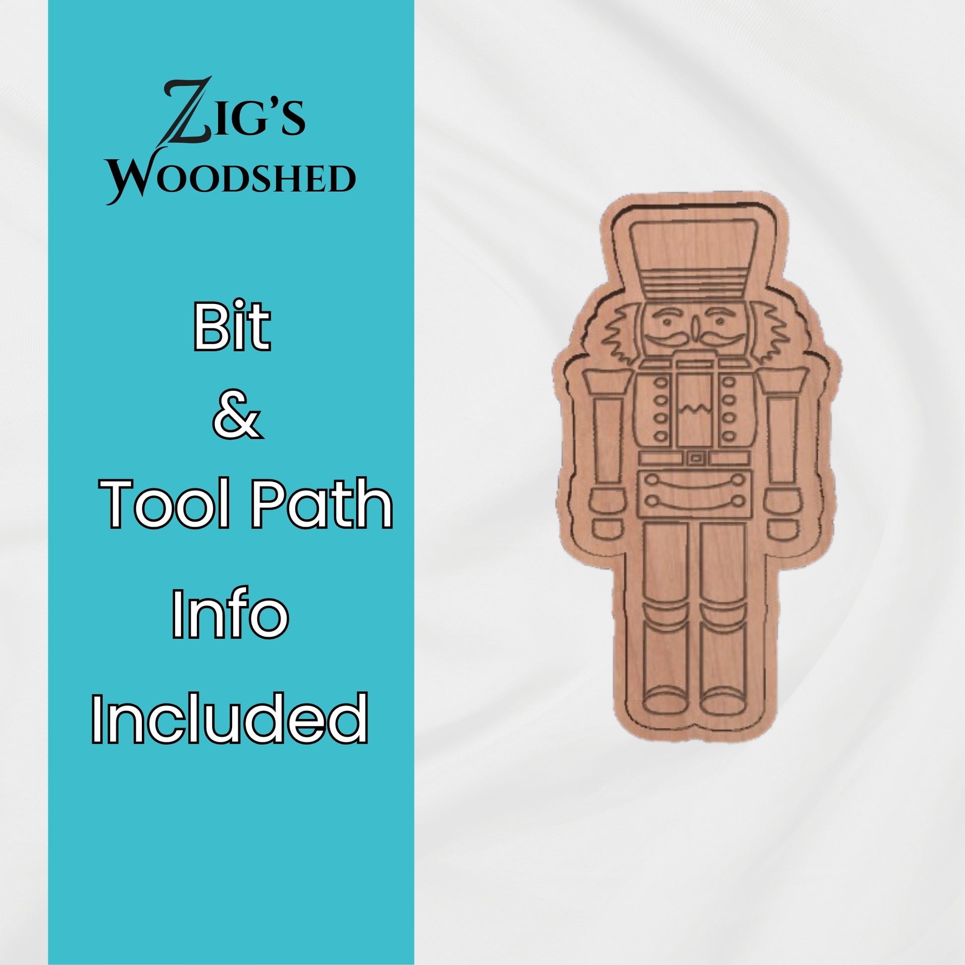 Digital Nutcracker tray CNC file from Zig’s Woodshed shown as a carved wooden tray design with engraved nutcracker details.  Bit and tool path info included.
