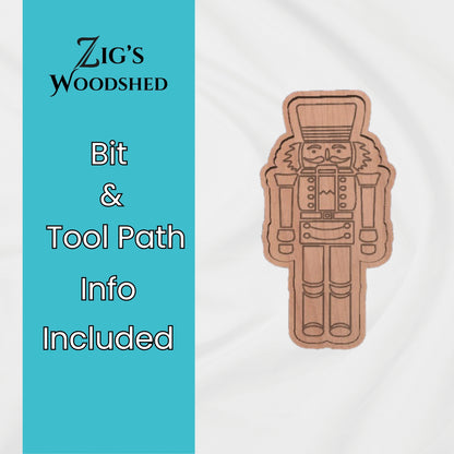 Digital Nutcracker tray CNC file from Zig’s Woodshed shown as a carved wooden tray design with engraved nutcracker details.  Bit and tool path info included.