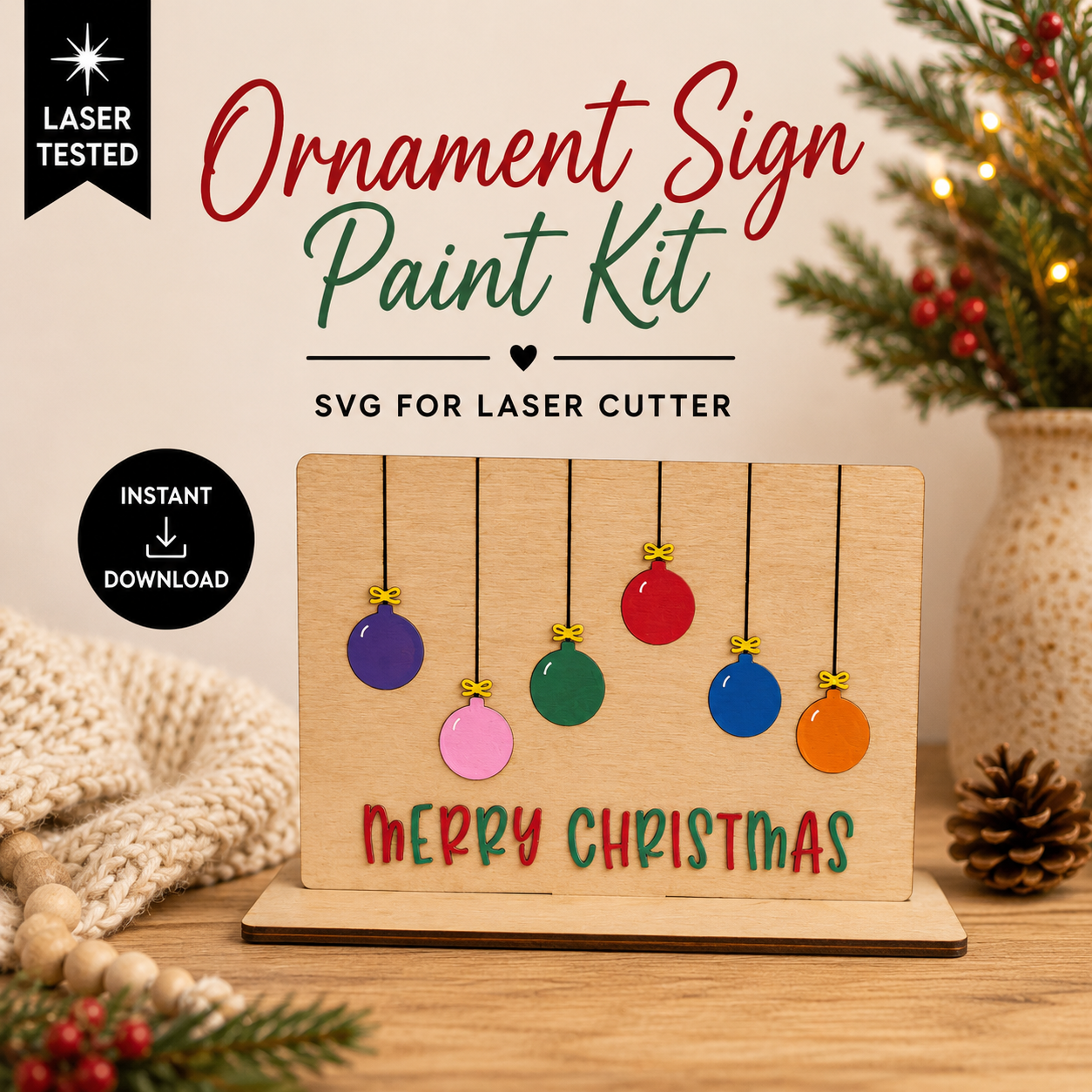 Ornament sign paint kit SVG for laser cutters featuring six colorful hanging Christmas ornaments and “Merry Christmas” lettering. Instant digital download.