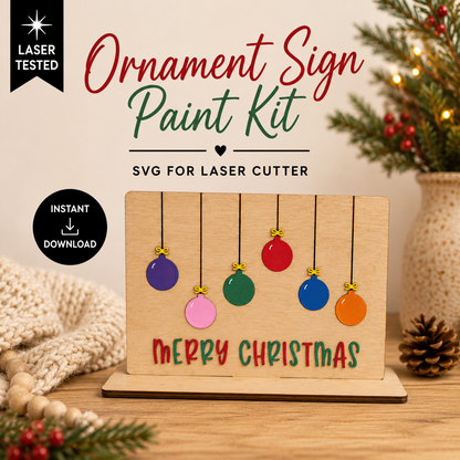 Ornament sign paint kit SVG for laser cutters featuring six colorful hanging Christmas ornaments and “Merry Christmas” lettering. Instant digital download.