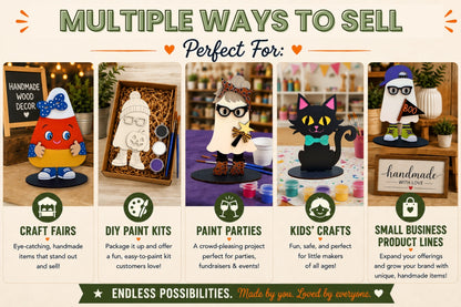 A promotional infographic titled 'MULTIPLE WAYS TO SELL Perfect For:' showing five example product setups for craft businesses, each with a small photo, icon, and descriptive text. The designs include a red eye-catching handmade wood decor piece, a paint kit box, a ghost-themed paint party setup, a black cat figurine, and a small business product display.
