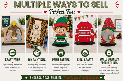A promotional infographic titled 'MULTIPLE WAYS TO SELL Perfect For:' showing five example product setups for craft businesses, each with a small photo, icon, and descriptive text. The designs include a Nativity eye-catching handmade wood decor piece, a paint kit box, a paint party setup, an ugly sweater, and a small business product display with a painted gnome.  