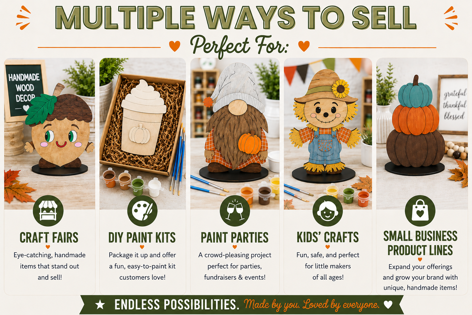 A promotional infographic titled 'MULTIPLE WAYS TO SELL Perfect For:' showing five example product setups for craft businesses, each with a small photo, icon, and descriptive text. The designs include an acorn handmade wood decor piece, a paint kit box, a gnome paint party setup, a scarecrow figurine, and a small business product display with stacked pumpkins.