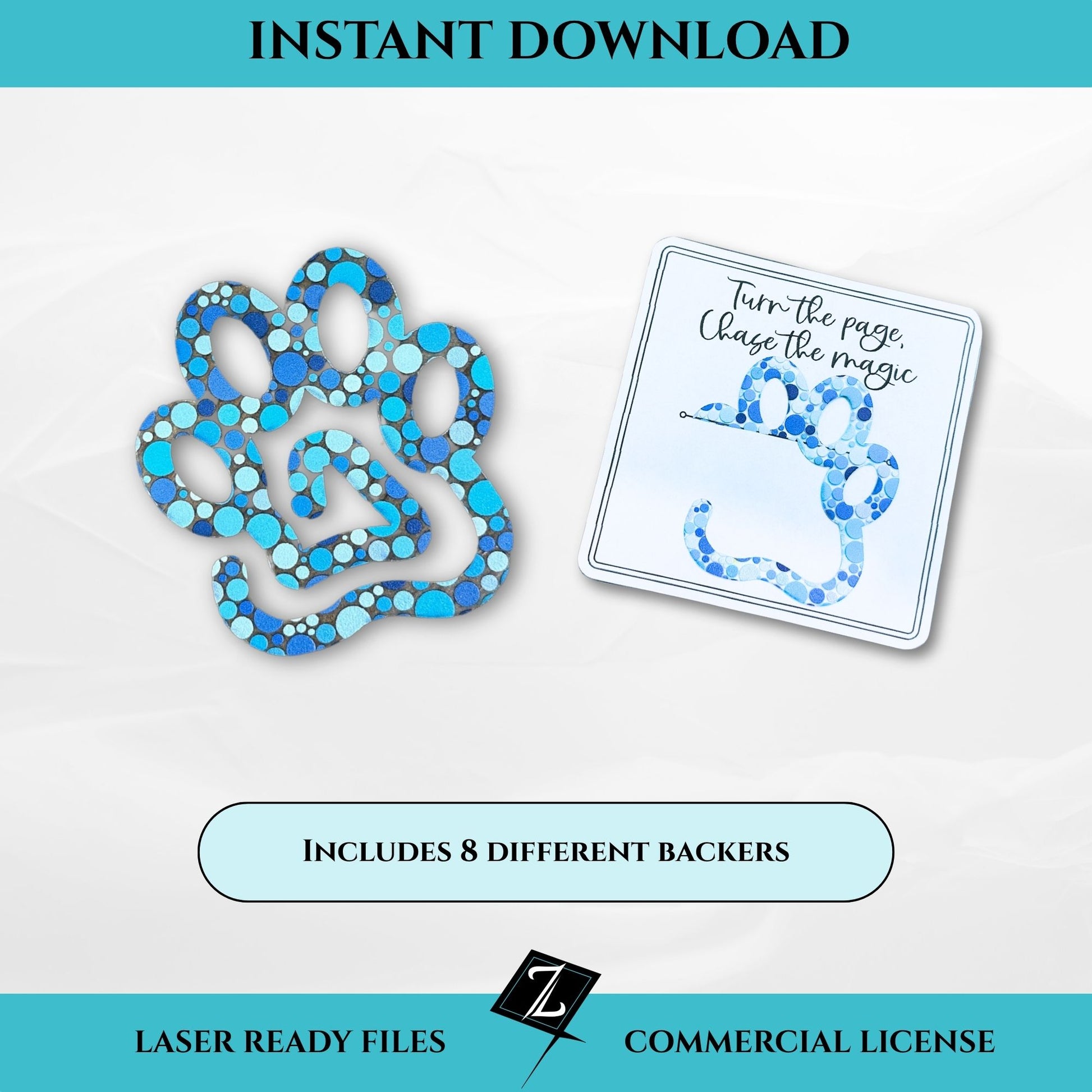 A blue patterned acrylic bookmark shaped like a paw print with open cutouts to clip onto a book page, shown with one of eight included square backer cards that reads “Turn the page, chase the magic.”