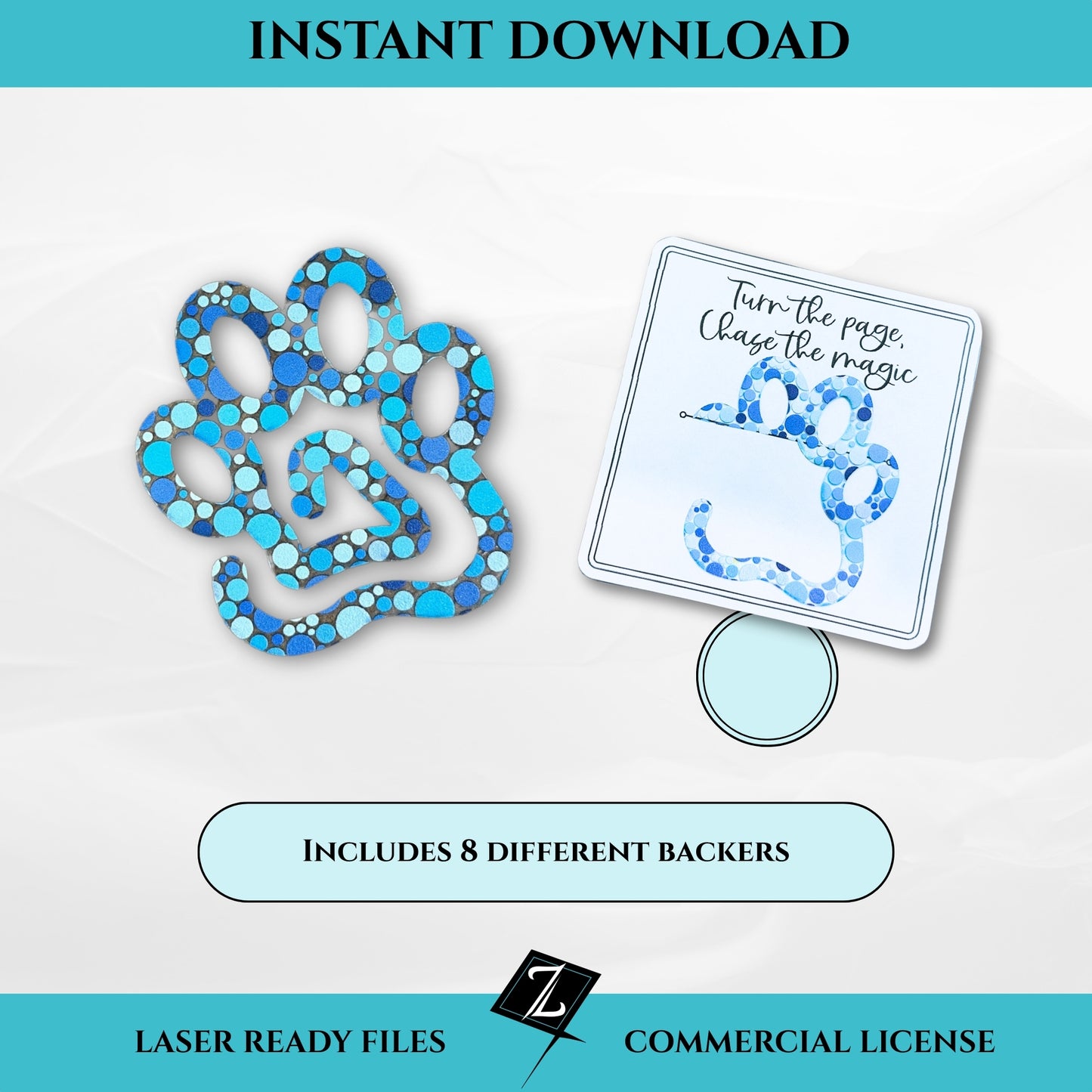 A blue patterned acrylic bookmark shaped like a paw print with open cutouts to clip onto a book page, shown with one of eight included square backer cards that reads “Turn the page, chase the magic.”