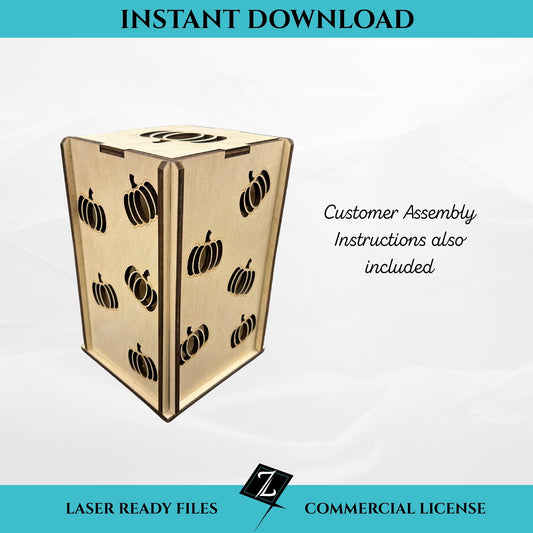 Pumpkin lantern SVG file for laser cutting, instant download. Wooden flat-pack lantern with carved pumpkin cutout panels. Includes customer assembly instructions and commercial license.
