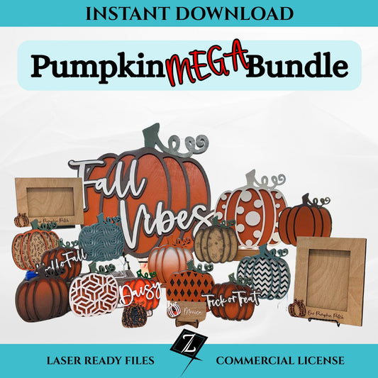 Pumpkin Mega Bundle digital download showing multiple laser cut pumpkin designs including polka dot, chevron, plaid, and patterned pumpkins along with photo frames, shelf sitters, ornaments, and bag tags. Fall pumpkin SVG bundle for laser cutting, instant download with commercial use.