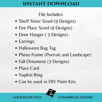 Pumpkin Mega Bundle digital laser files includes items such as shelf sitter pumpkins, fireplace sized pumpkins, door hangers, earrings, bag tag, photo frames, fall ornaments, place cards, napkin rings, and DIY paint kit options. Instant download with commercial license.