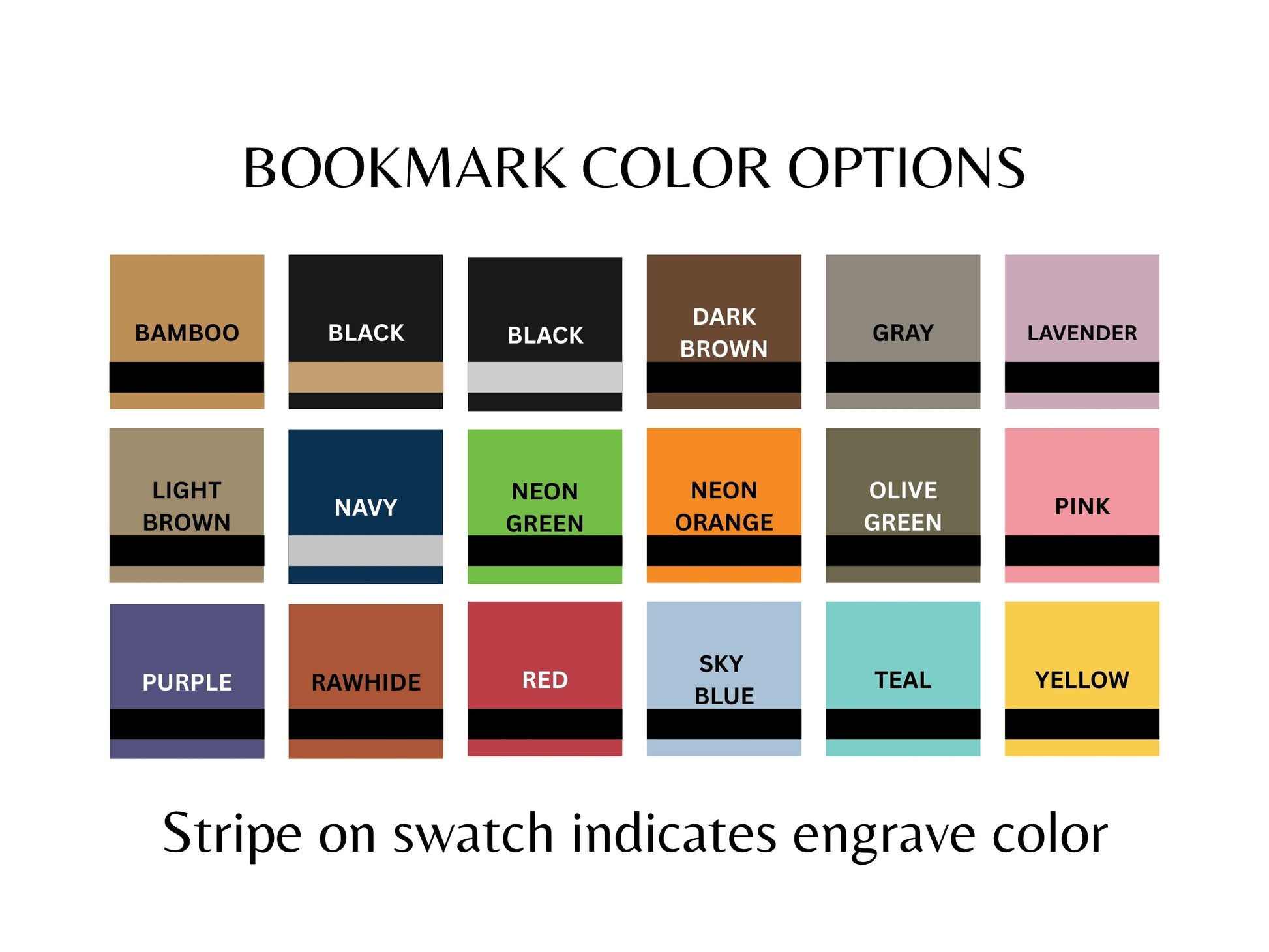 Chart of 18 leatherette bookmark color options including bamboo, black, dark brown, gray, lavender, navy, neon green, neon orange, olive green, pink, purple, rawhide, red, sky blue, teal, and yellow, labeled with swatches, names, and a stripe indicating the engrave color.