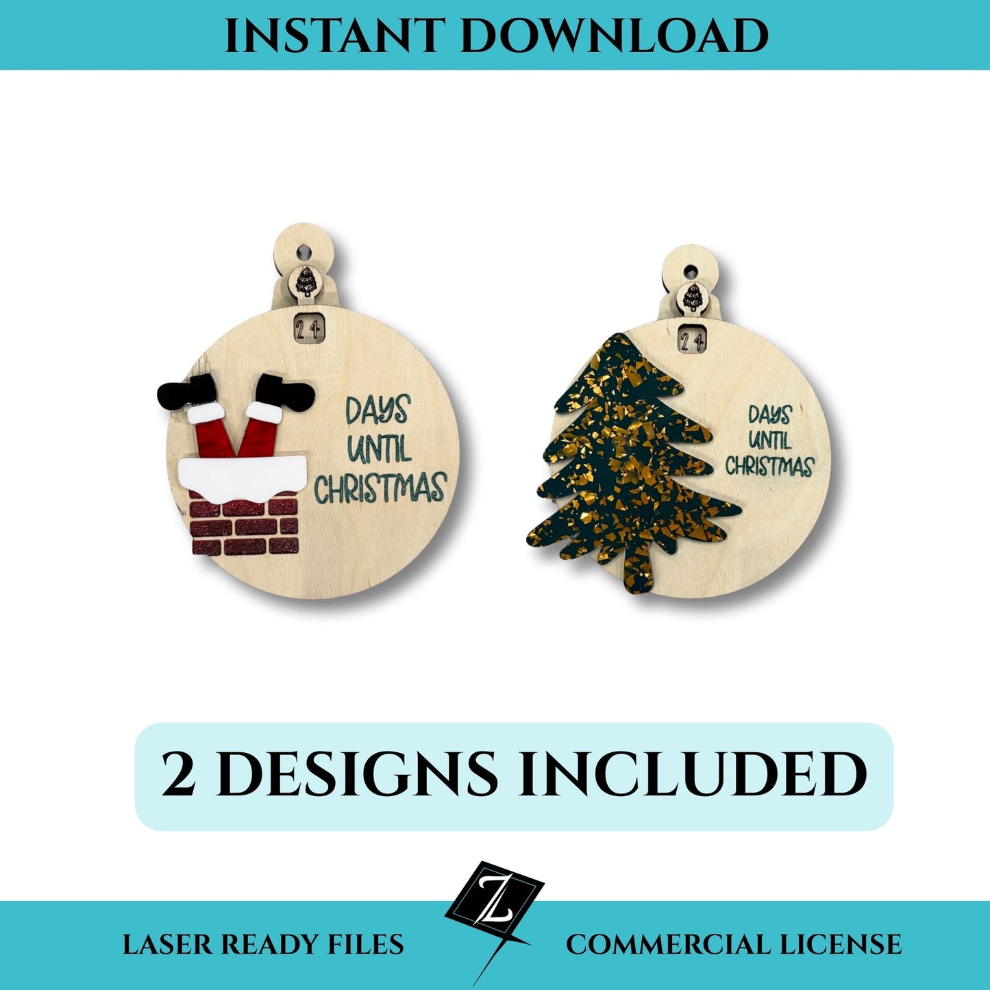 Two laser-cut rotating Christmas countdown ornaments, one with Santa in a chimney and one with a layered Christmas tree, showing ‘Days Until Christmas.' Designed for laser cutters.