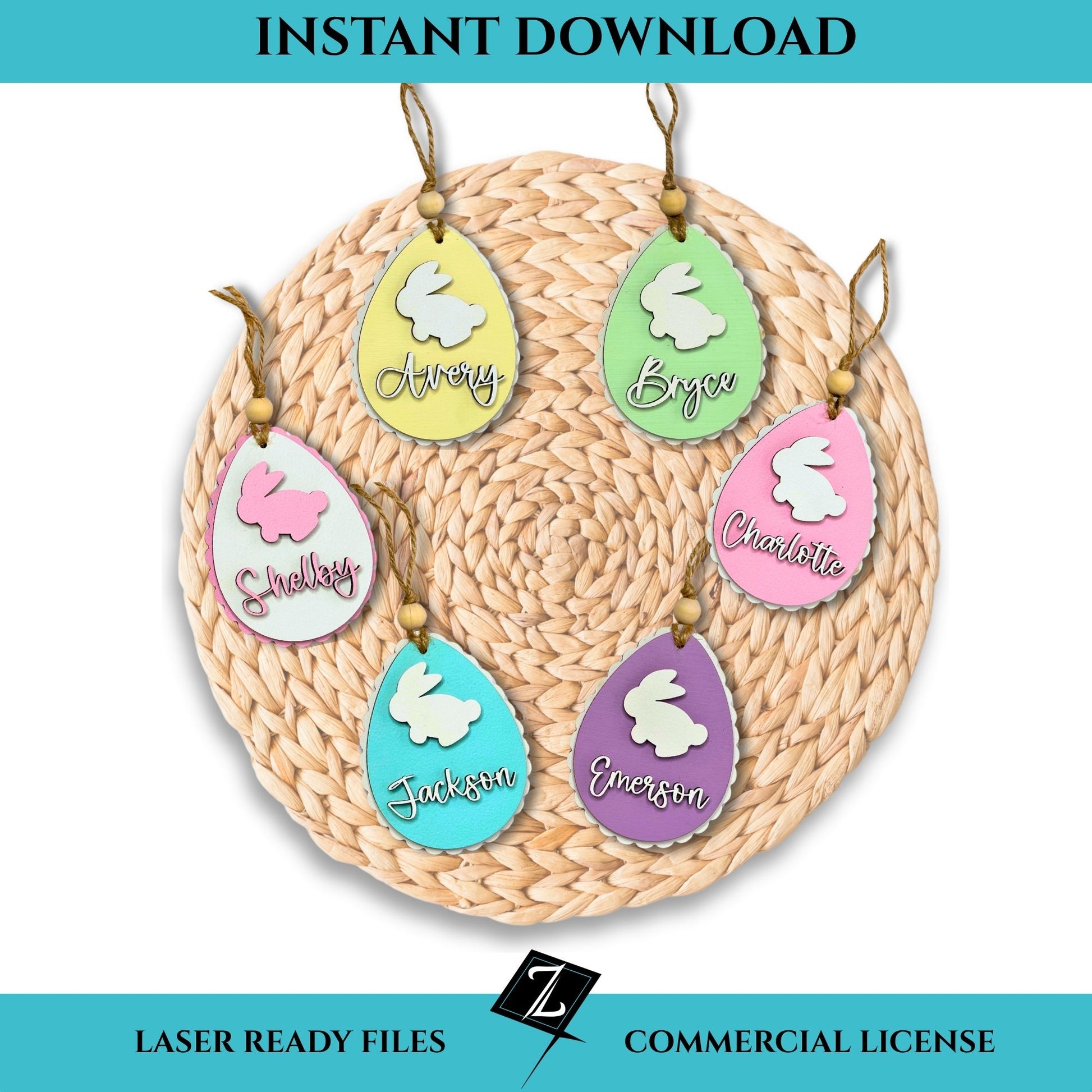 Flat lay image of six colorful Easter basket name tags in the shape of scalloped-edge eggs, each featuring a white bunny silhouette and a layered name in cursive script. Tags are in pastel colors and arranged on a woven charger. Banner reads “Instant Download - Laser Ready Files - Commercial License” with ZW Digital logo.