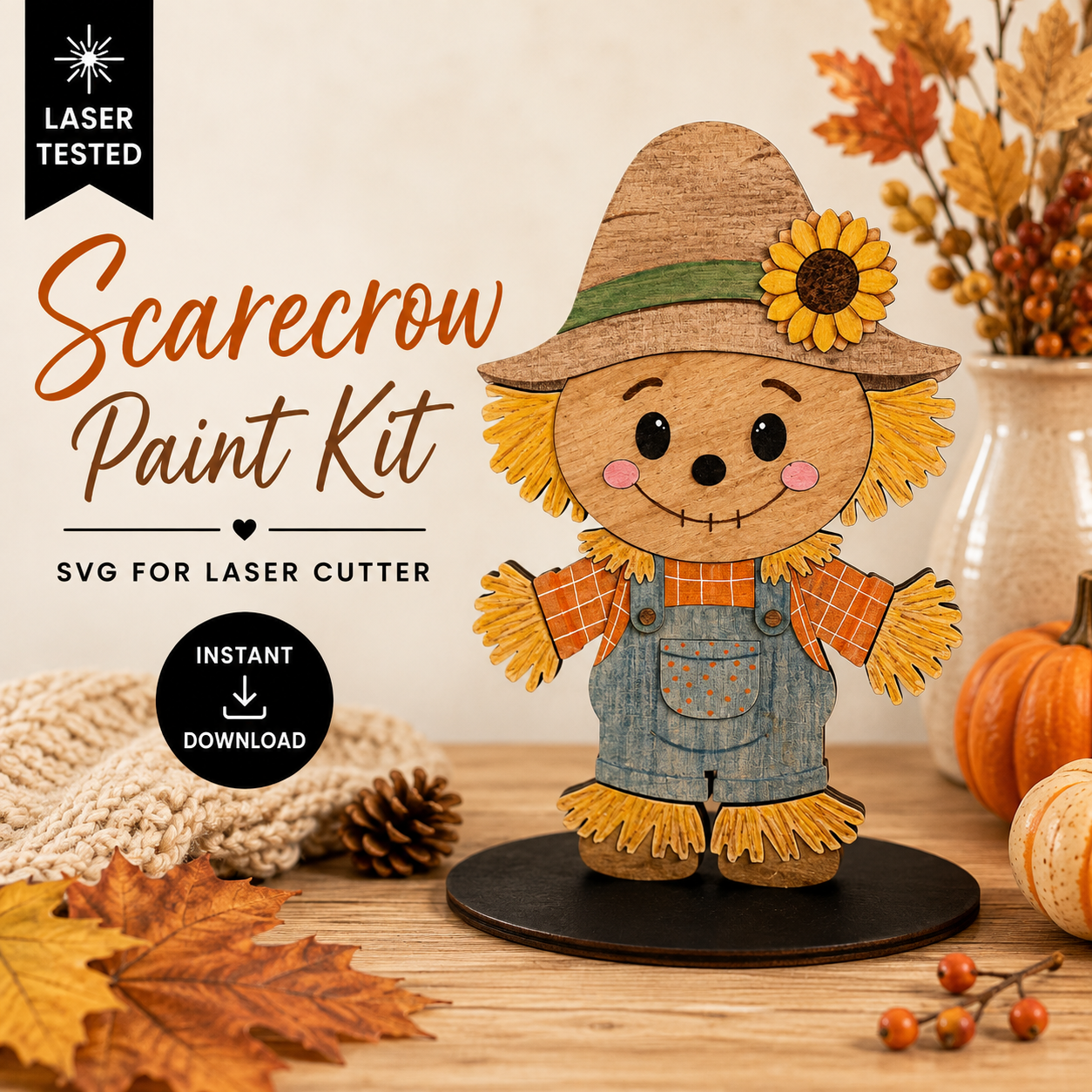 Scarecrow paint kit SVG for laser cutting featuring a layered wooden scarecrow with sunflower hat, overalls, and display base.