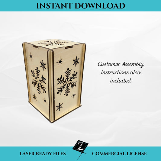 Snowflake lantern SVG file for laser cutting, instant download. Wooden flat-pack lantern with snowflake and star cutout panels. Includes customer assembly instructions and commercial license.