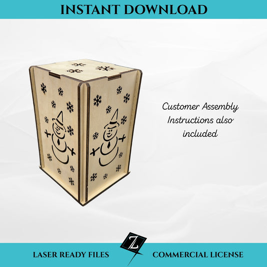 Snowman lantern SVG file for laser cutting, instant download. Wooden flat-pack lantern with snowman and snowflake cutout panels. Includes customer assembly instructions and commercial license.