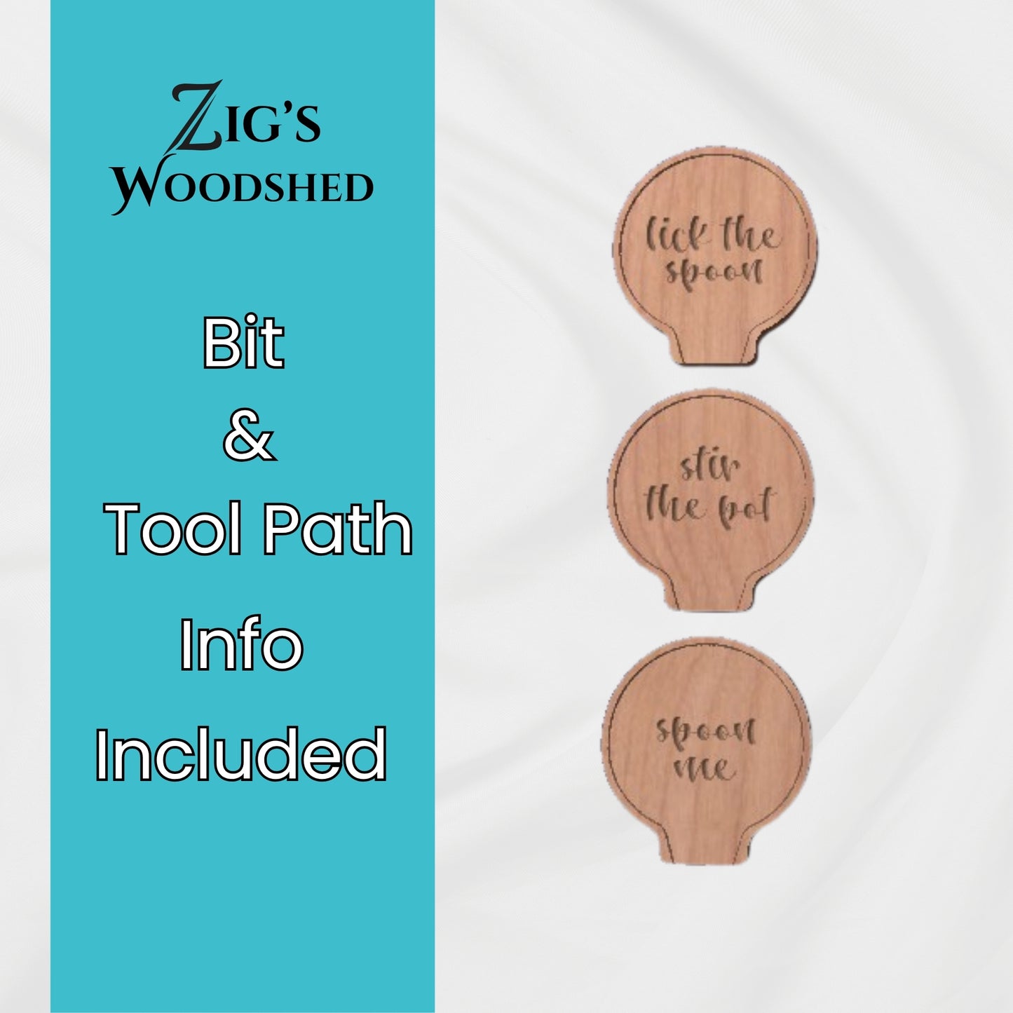 Digital download featuring three wooden spoon rest trays engraved with the phrases "spoon me," "stir the pot," and "lick the spoon.  Bit and tool path recommendations included.