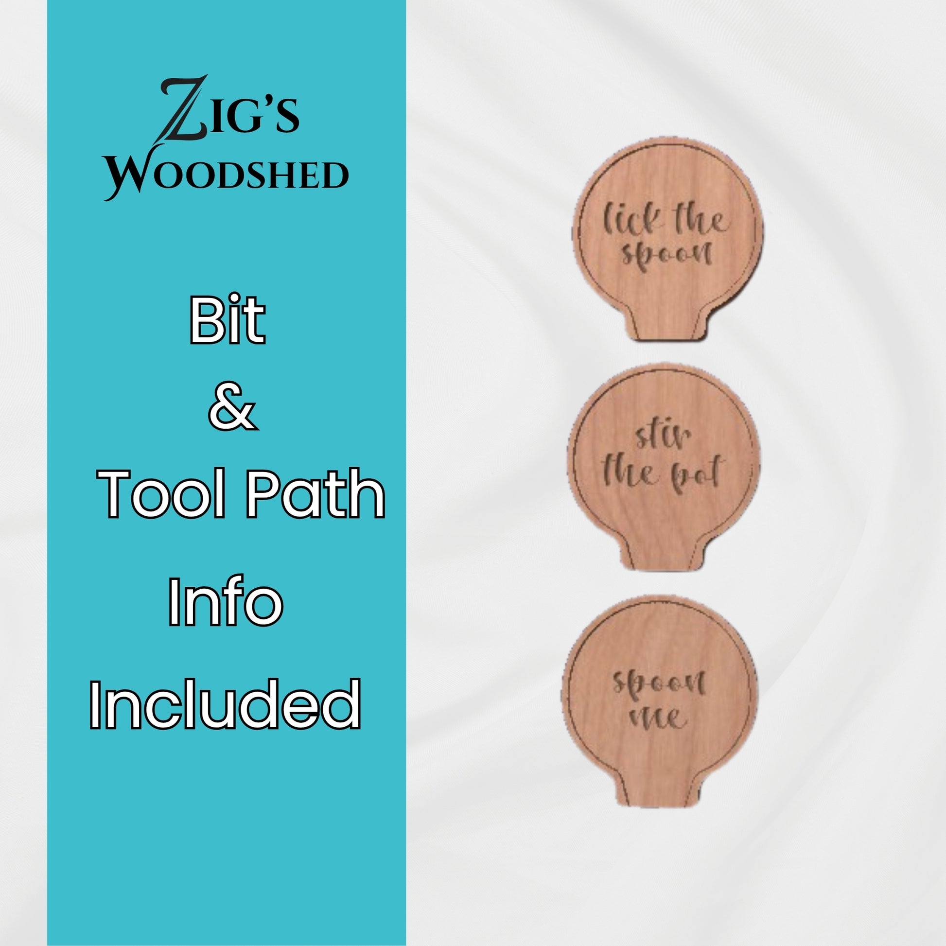 Digital download featuring three wooden spoon rest trays engraved with the phrases "spoon me," "stir the pot," and "lick the spoon.  Bit and tool path recommendations included.