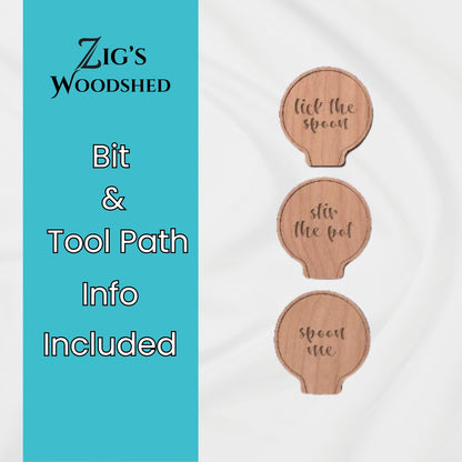 Digital download featuring three wooden spoon rest trays engraved with the phrases "spoon me," "stir the pot," and "lick the spoon.  Bit and tool path recommendations included.