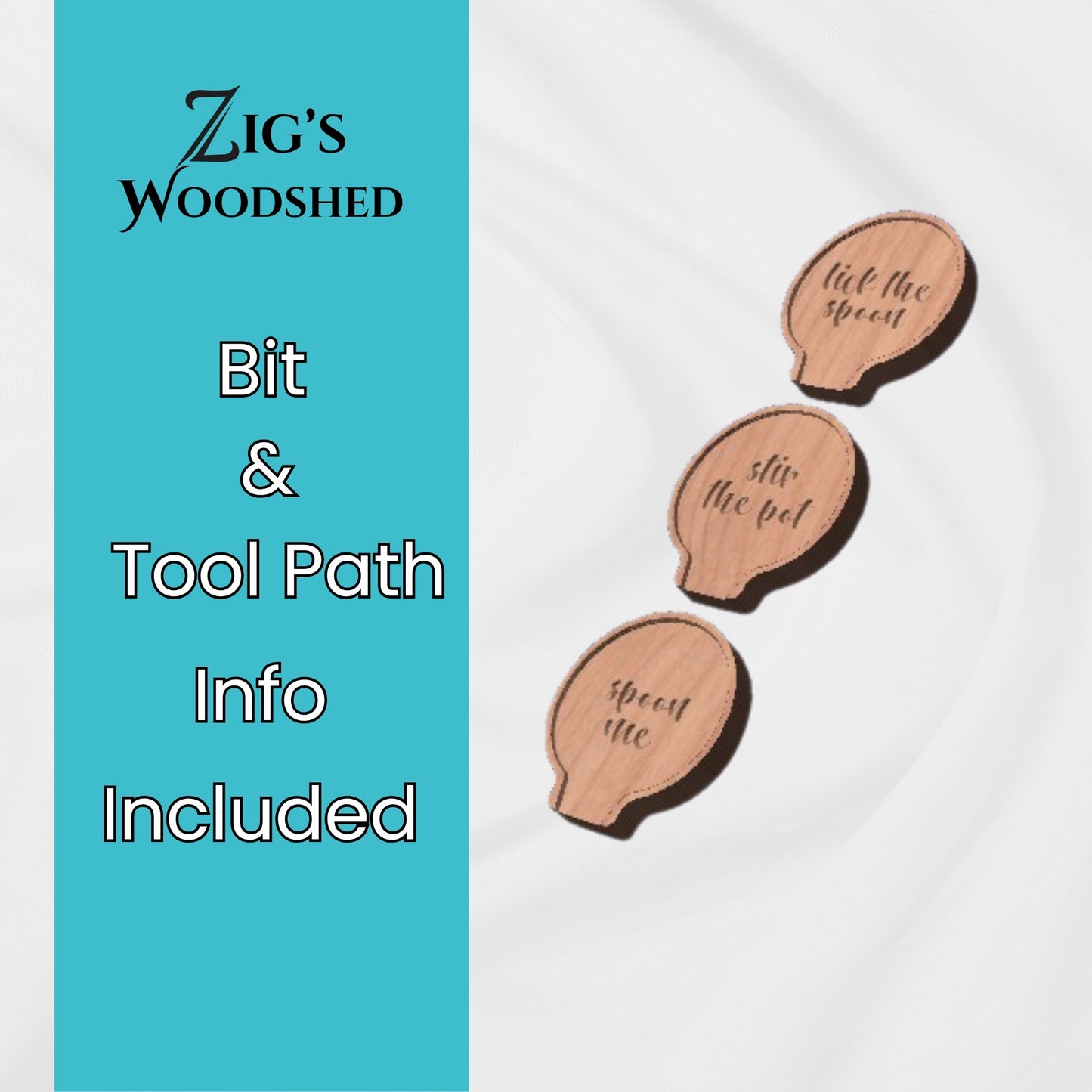 Digital download featuring three wooden spoon rest trays engraved with the phrases "spoon me," "stir the pot," and "lick the spoon.  Bit and tool path recommendations included.