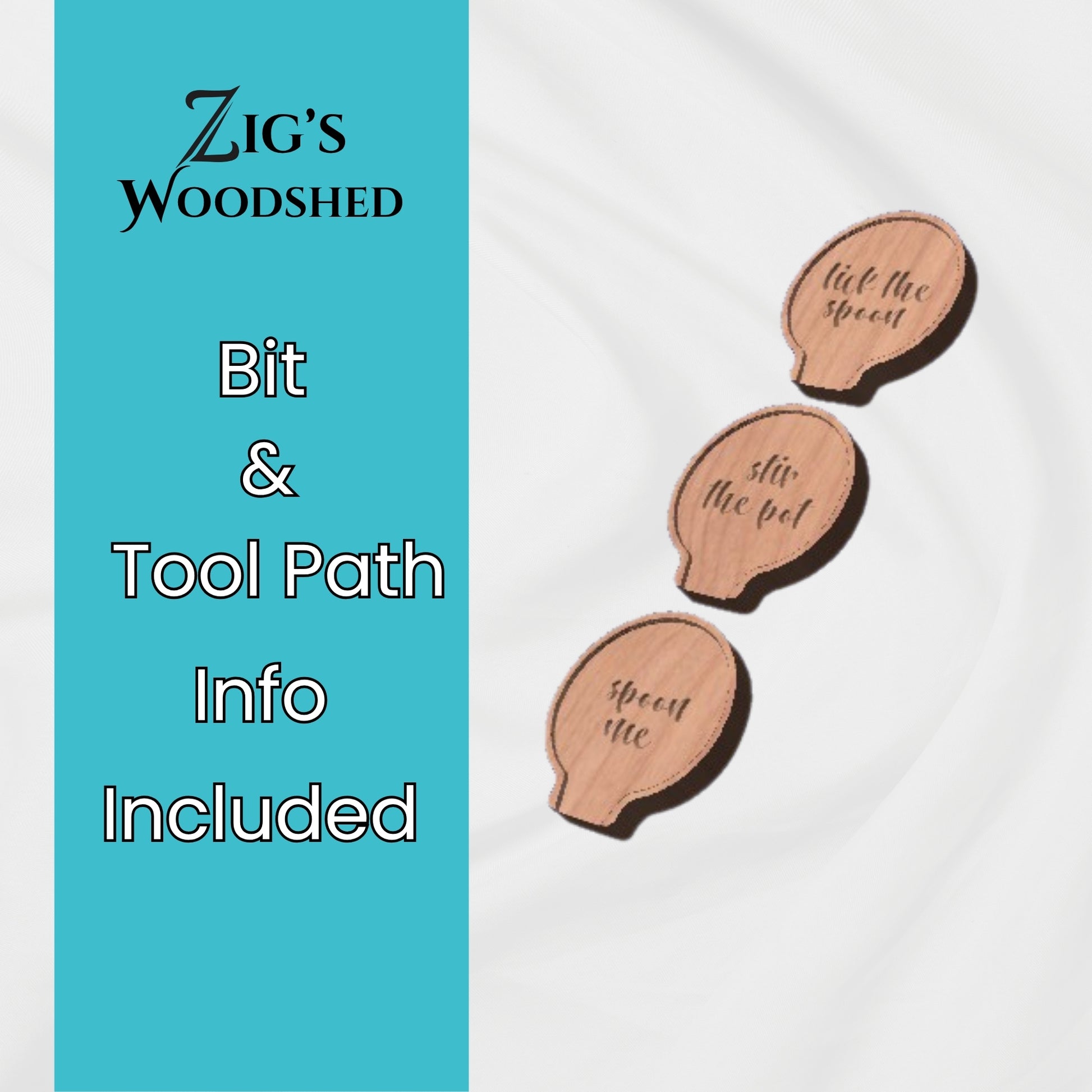 Digital download featuring three wooden spoon rest trays engraved with the phrases "spoon me," "stir the pot," and "lick the spoon.  Bit and tool path recommendations included.