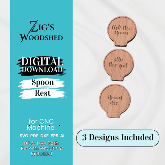 Digital download featuring three wooden spoon rest trays engraved with the phrases "spoon me," "stir the pot," and "lick the spoon.  Bit and tool path recommendations included.