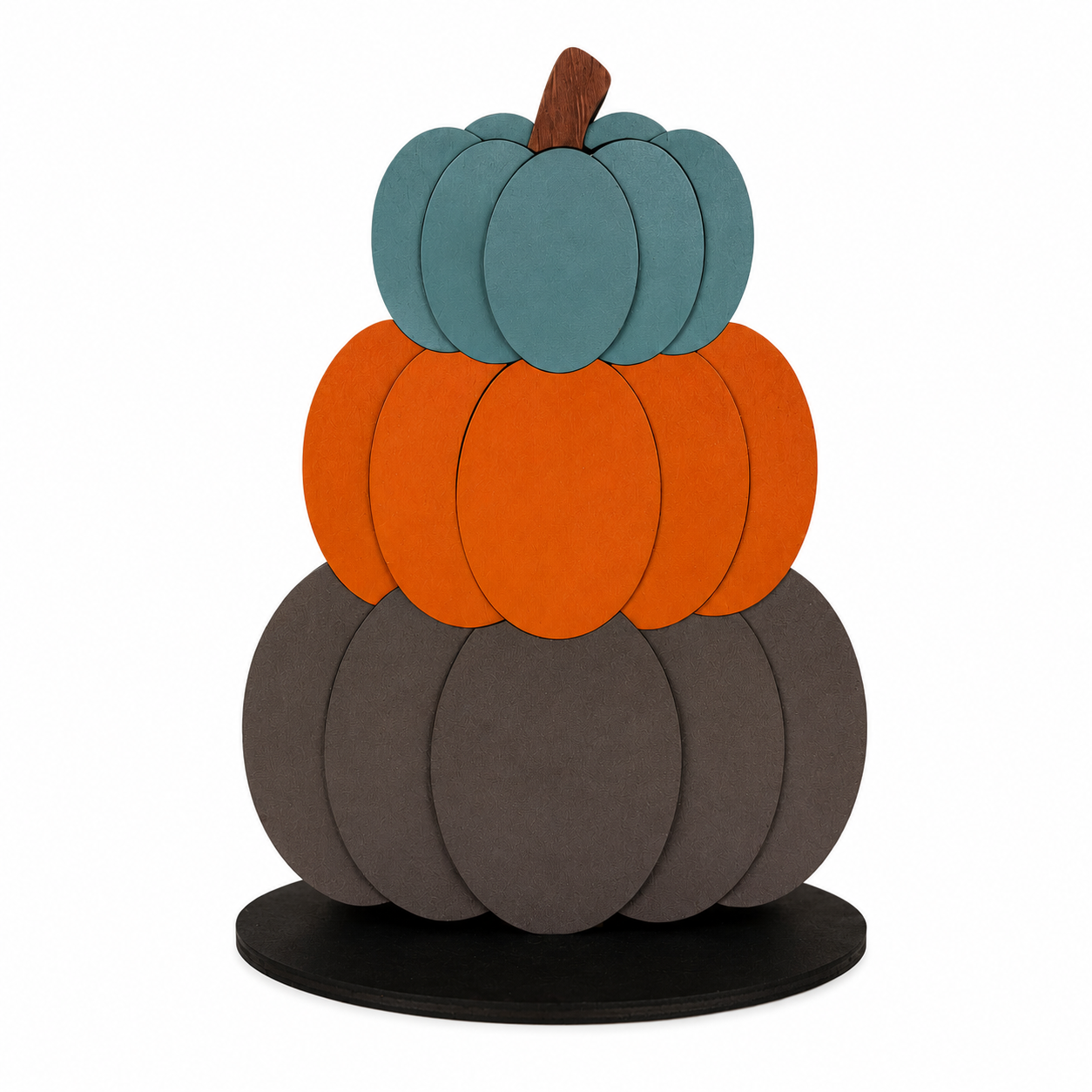 Finished wooden pumpkin stack paint kit featuring three stacked pumpkins in teal, orange, and charcoal on a black display base.