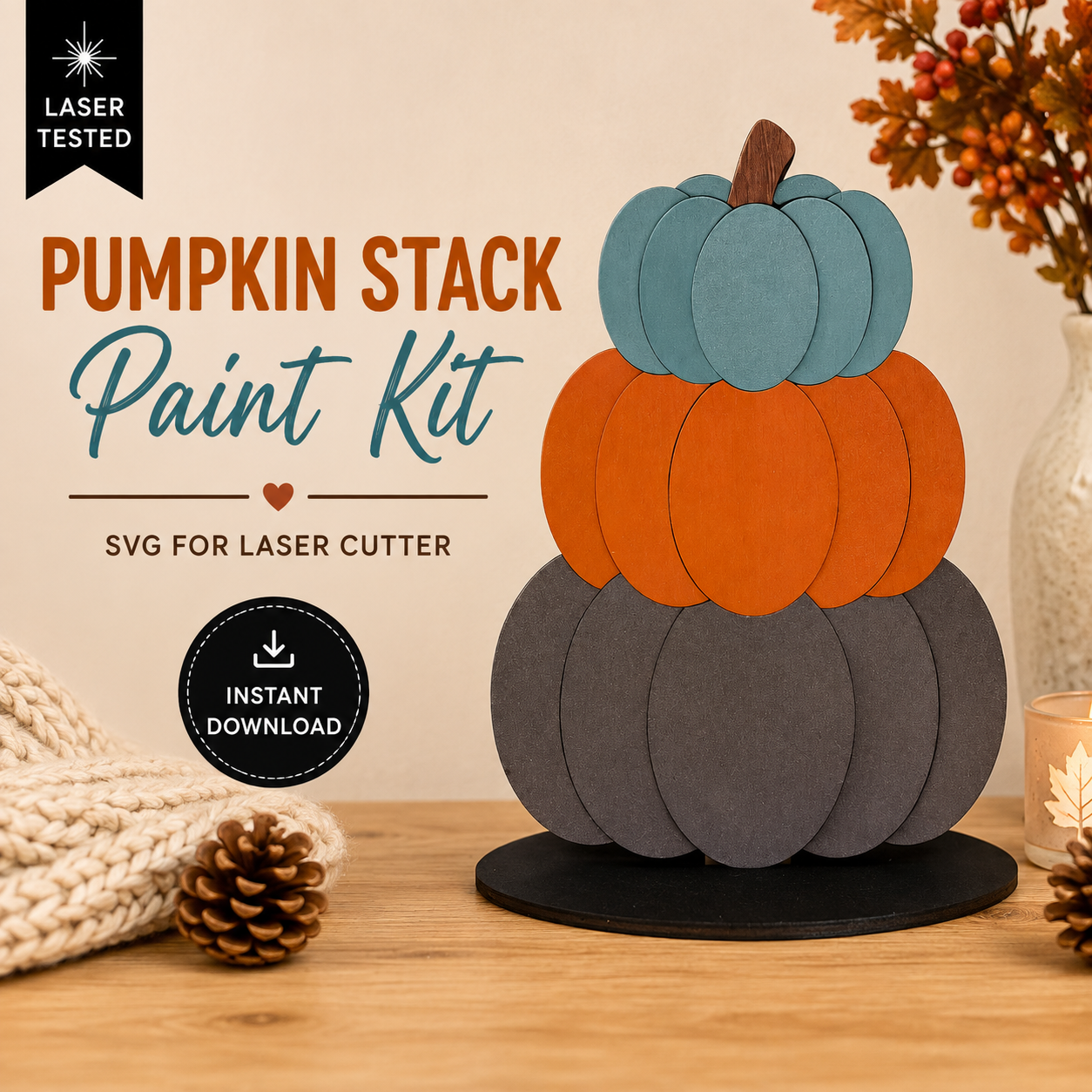 Pumpkin stack paint kit SVG for laser cutters featuring three stacked wooden pumpkins in teal, orange, and charcoal. Instant digital download.