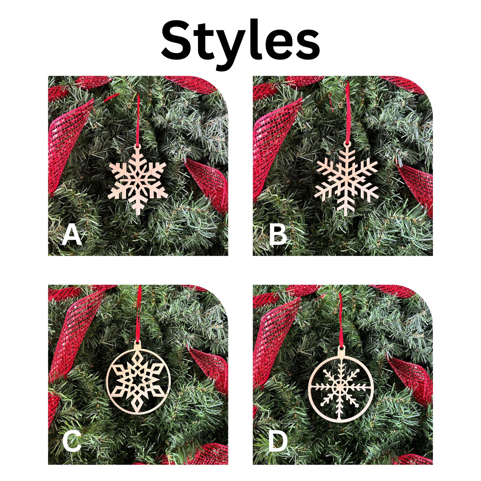 Four featured styles of handmade, birchwood snowflake Christmas ornaments.