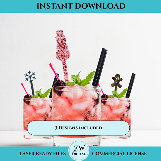 Three cocktails with decorative drink stirrers on a white background.  Drink stirrers, or swizzle sticks, are various designs of snowman, gingerbread man, and snowflake.  