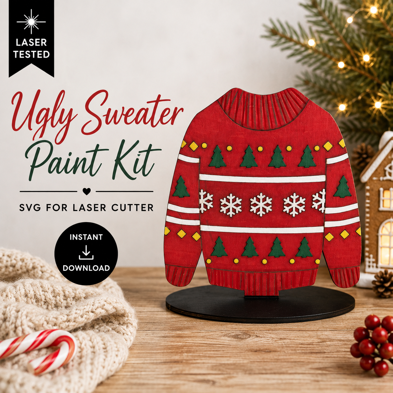 Ugly Christmas sweater paint kit SVG for laser cutters featuring a red sweater decorated with Christmas trees, snowflakes, and festive accents. Instant digital download.