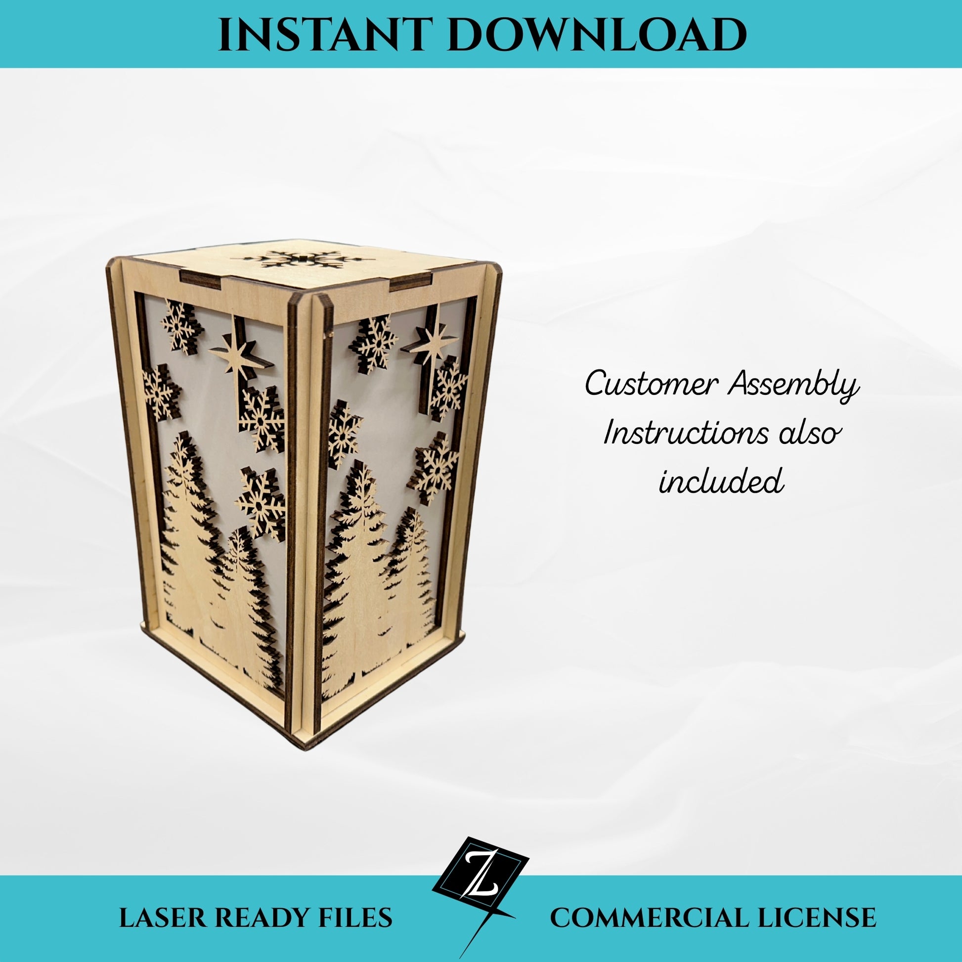 Winter scene lantern SVG file for laser cutting, instant download. Wooden flat-pack lantern with trees, snowflakes, and star cutout panels. Includes customer assembly instructions and commercial license.