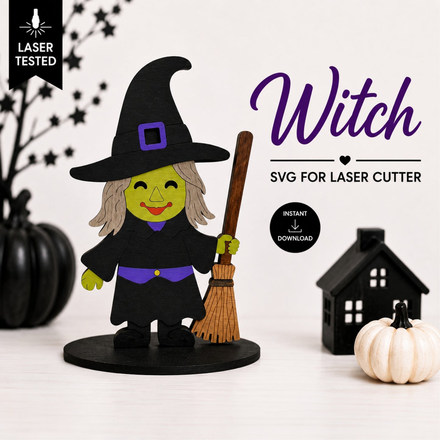 A Halloween-themed SVG cut file preview showing a cartoon witch figure with a black hat, purple trim, green skin, and a broom on a black base. The image includes text reading 'Witch', 'SVG FOR LASER CUTTER', 'LASER TESTED', and 'INSTANT DOWNLOAD', with decorative pumpkins and a small house in the background.