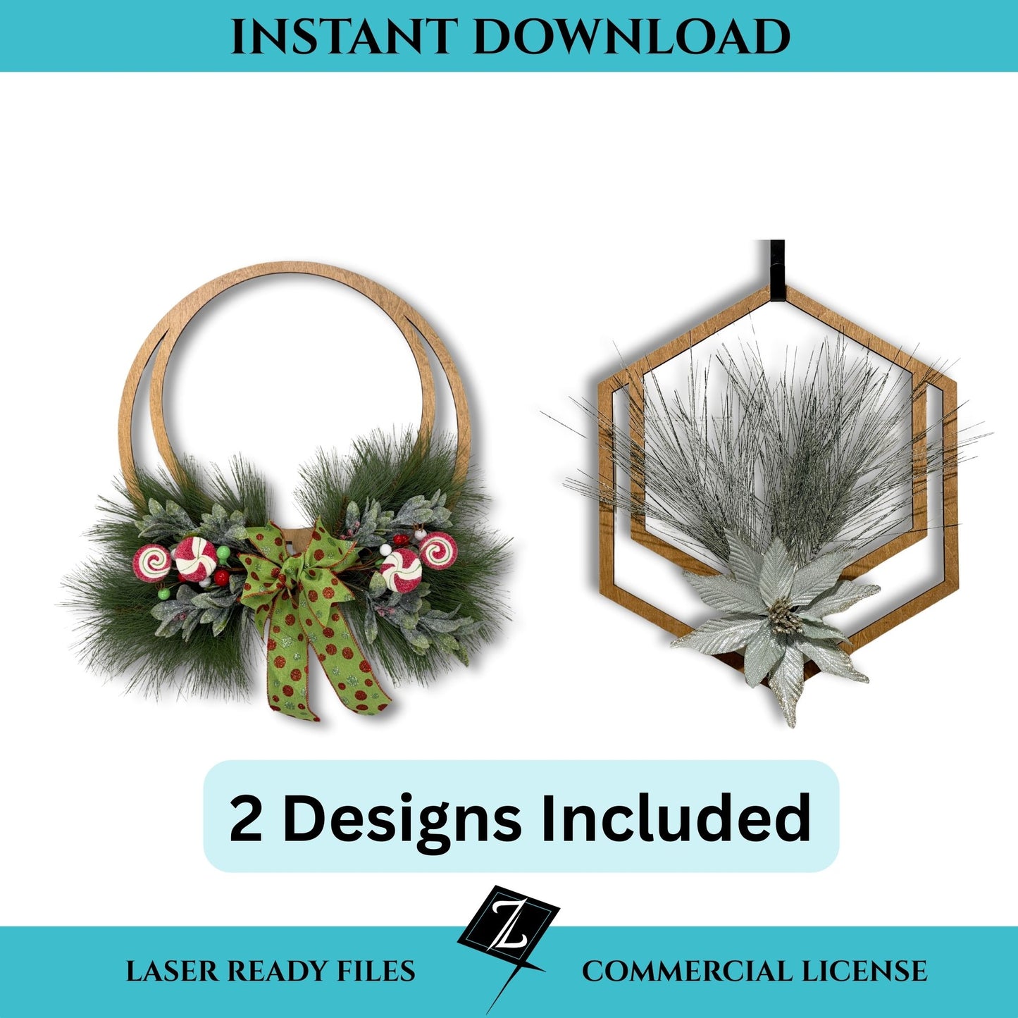 Two laser-cut wooden wreath designs, one round and one hexagon-shaped, decorated with greenery and ribbon, shown as holiday wreath examples.