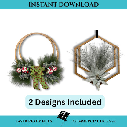 Two laser-cut wooden wreath designs, one round and one hexagon-shaped, decorated with greenery and ribbon, shown as holiday wreath examples.
